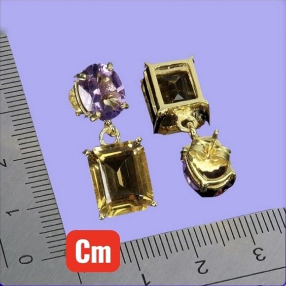 925 Sterling Silver Earrings with Natural Citrine 12x10mm & Amethyst Gems - Picture 3 of 4